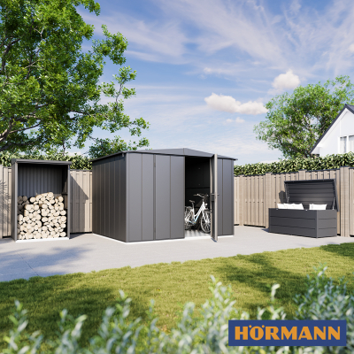 Domki ogrodowe i pasujące do nich stojaki na drewno oraz skrzynie ogrodowe